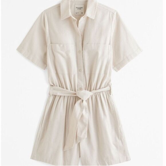 NWOT Abercrombie & Fitch Beige Linen Utility Linen Blend Romper Playsuit in Ston - Picture 2 of 12